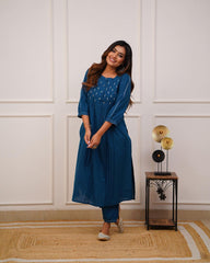 Trending Teal Blue Cotton Kurta Pant set