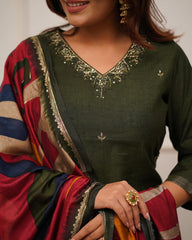 Trending Cotton Green Kurta Pant and Dupatta set