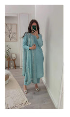 Trending Rayon Blue Kurta Pant and Dupatta set