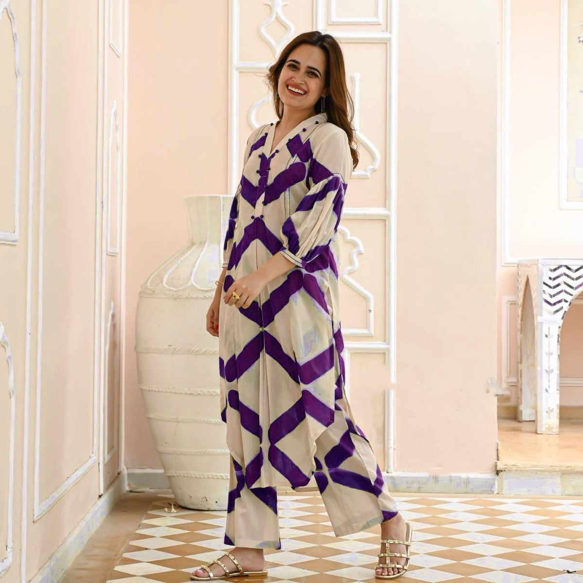 Women Cotton Zigzag Purple Kurta Pant set