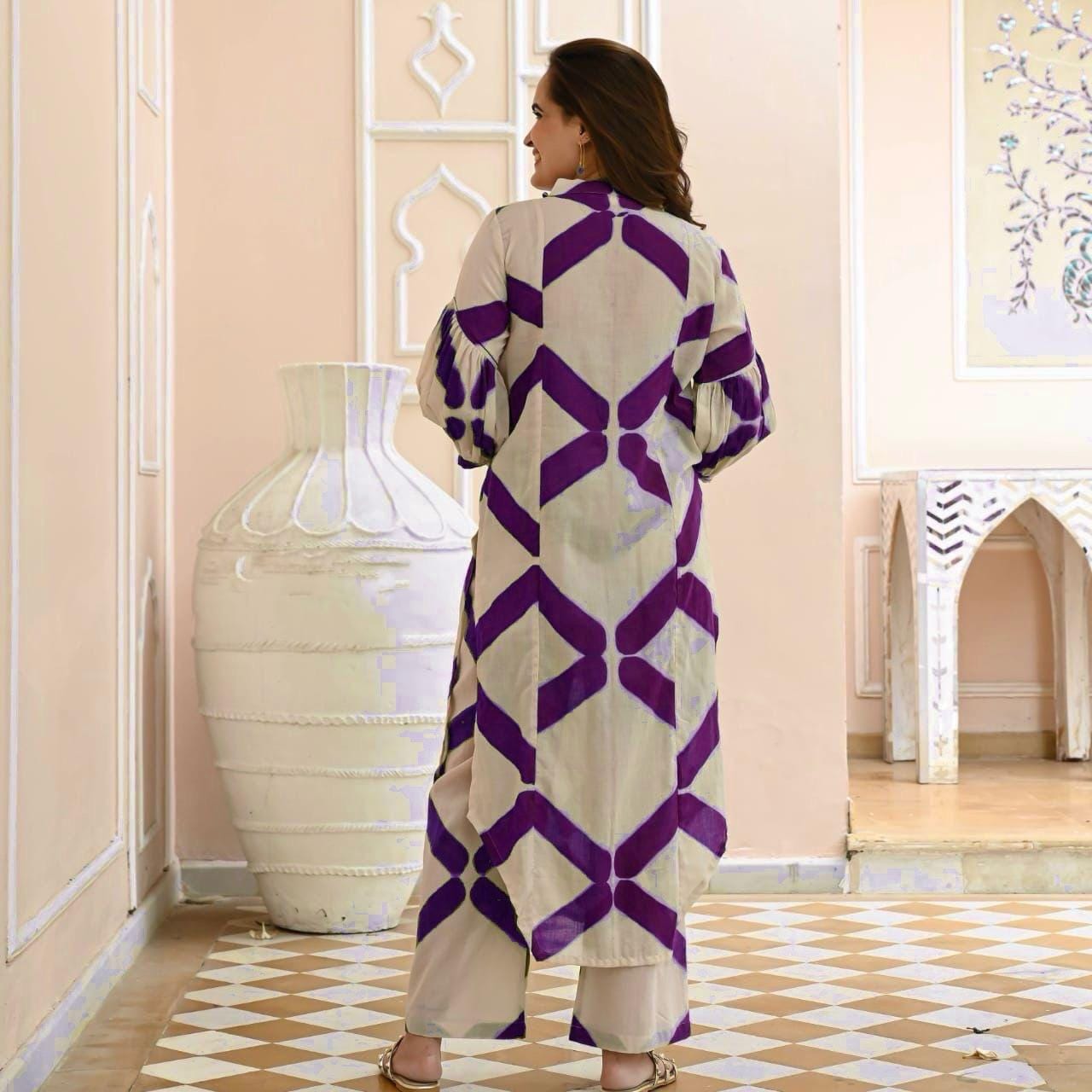 Women Cotton Zigzag Purple Kurta Pant set