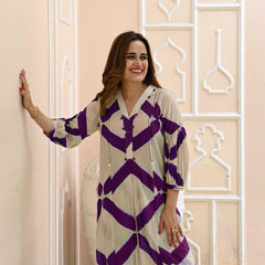 Women Cotton Zigzag Purple Kurta Pant set