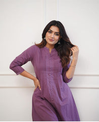 Women Monochrome Cotton Purple Kurta Pant set