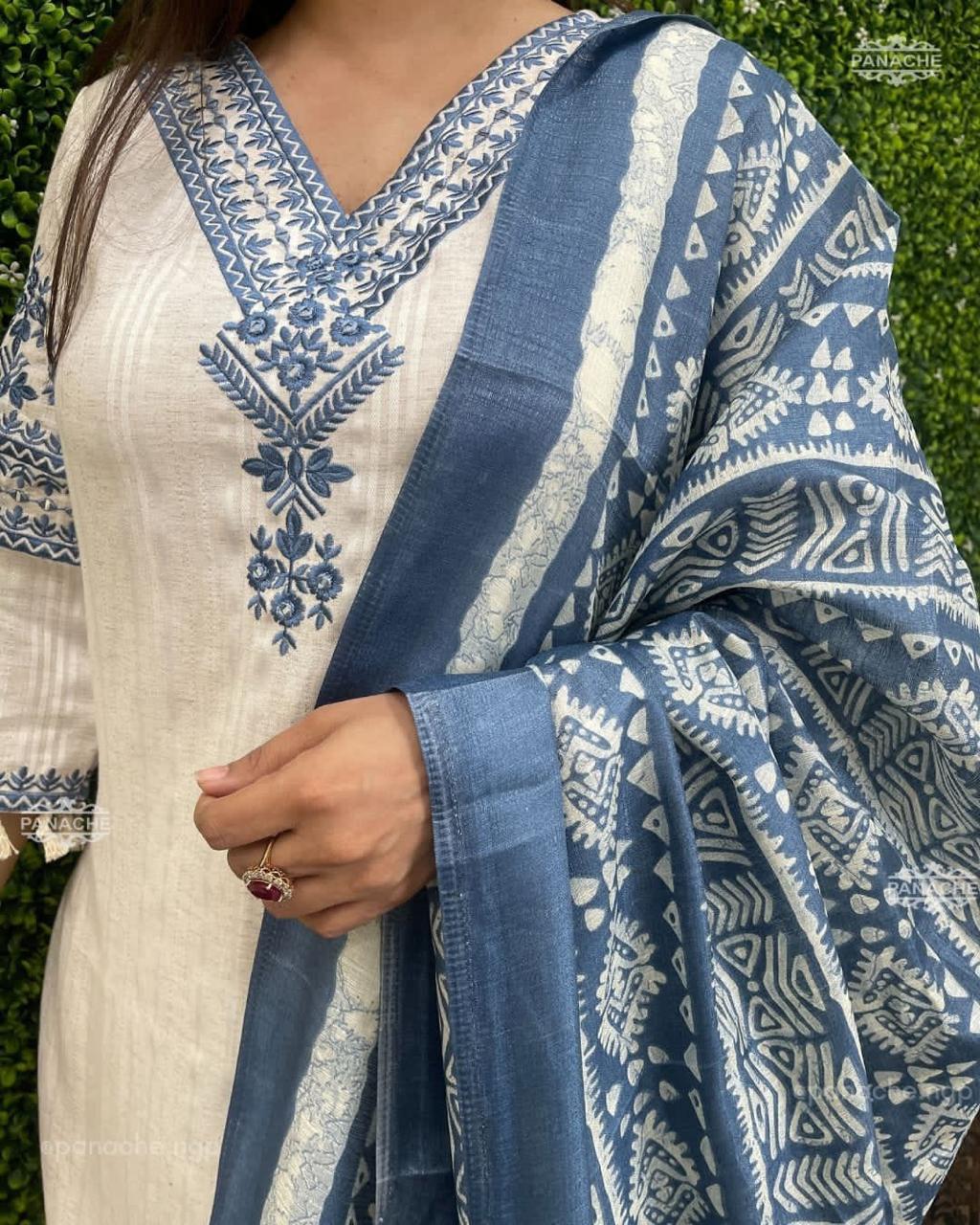 Women Katha Cotton Blue Kurta Pant and Dupatta set