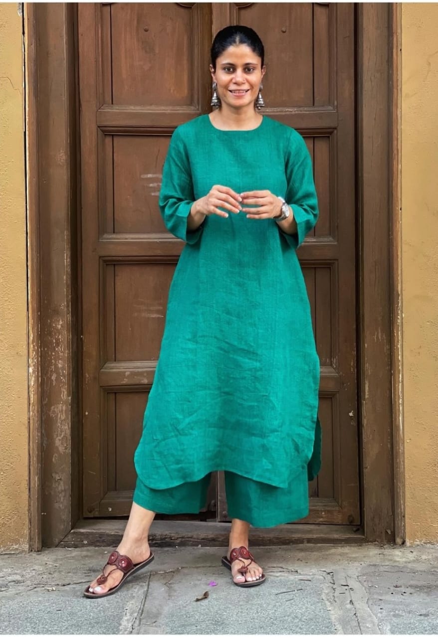 Women Green South Cotton Kurta Pant set