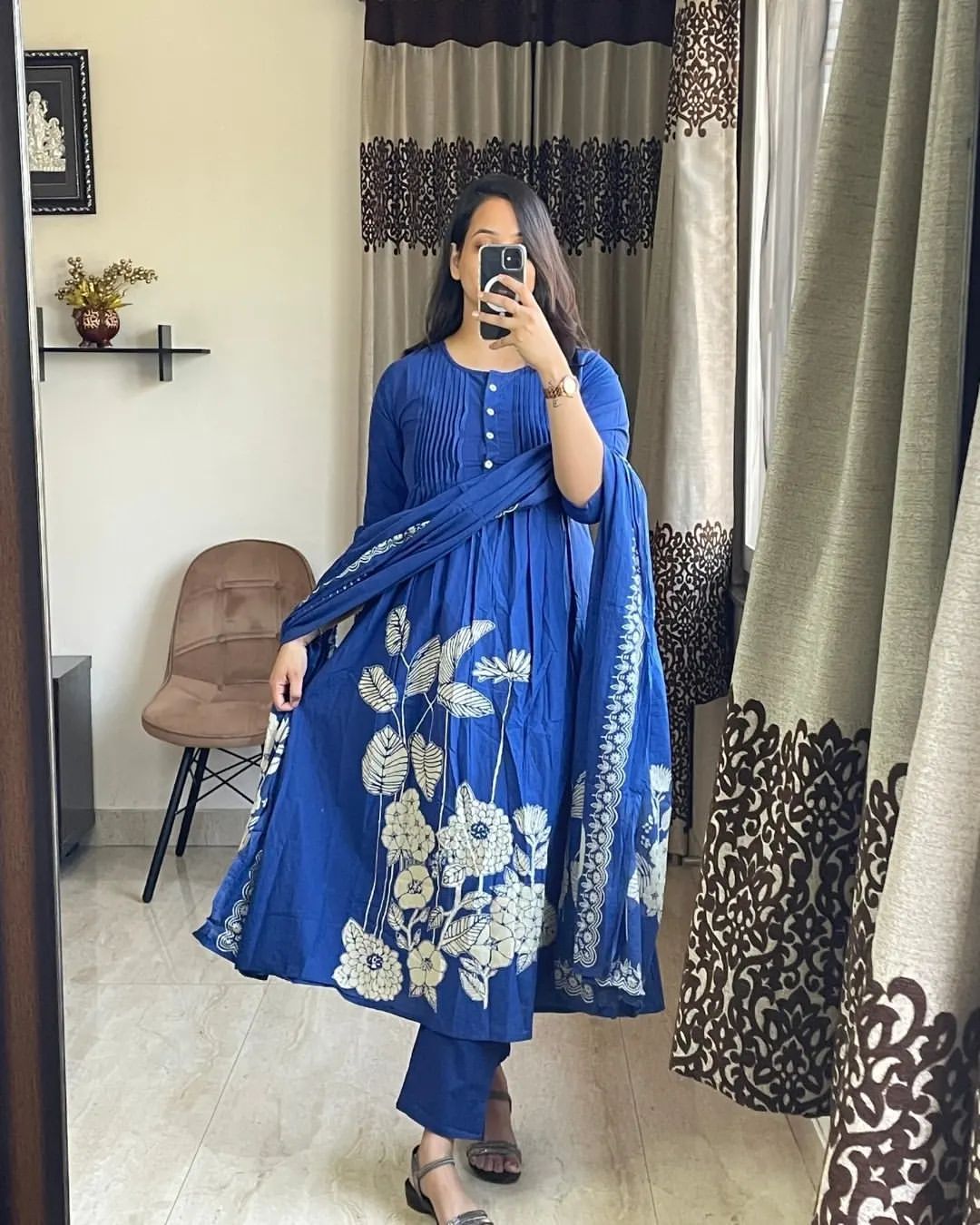 Women Ethnic Cotton Blue Kurta Pant and Dupatta set