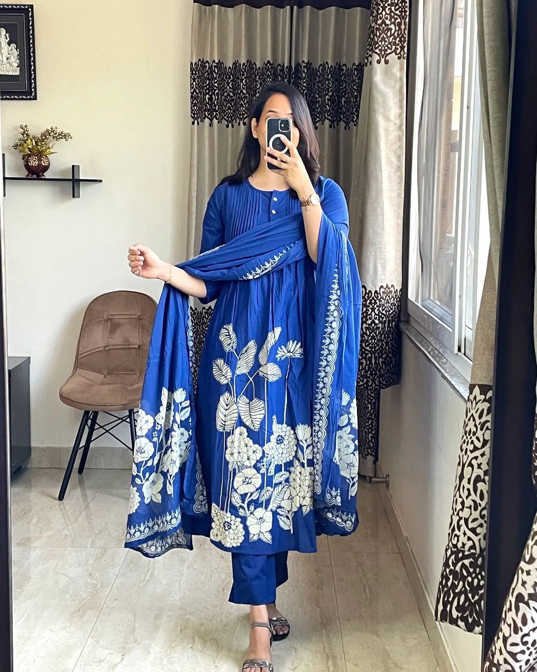 Women Ethnic Cotton Blue Kurta Pant and Dupatta set