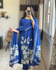 Women Ethnic Cotton Blue Kurta Pant and Dupatta set