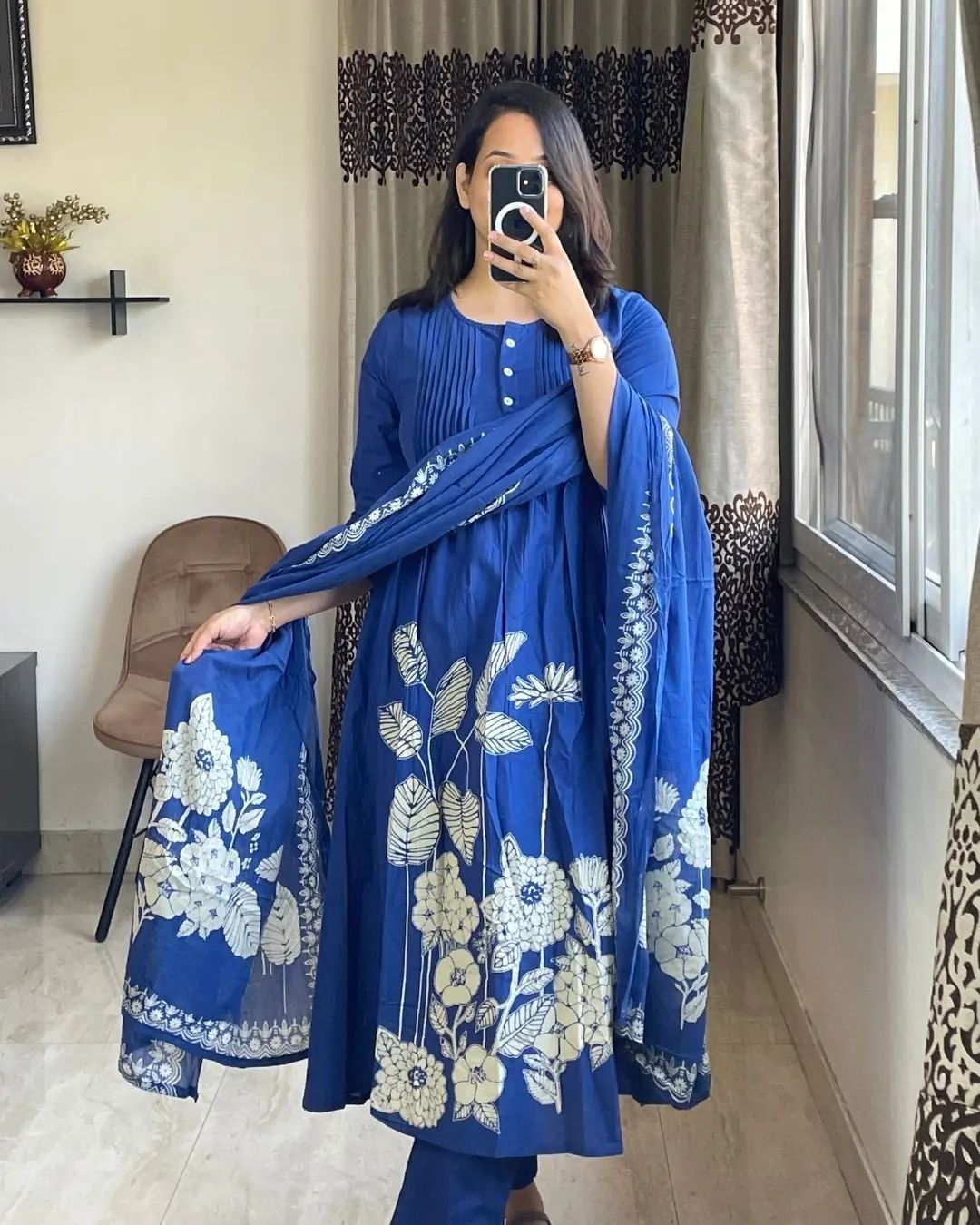 Women Ethnic Cotton Blue Kurta Pant and Dupatta set