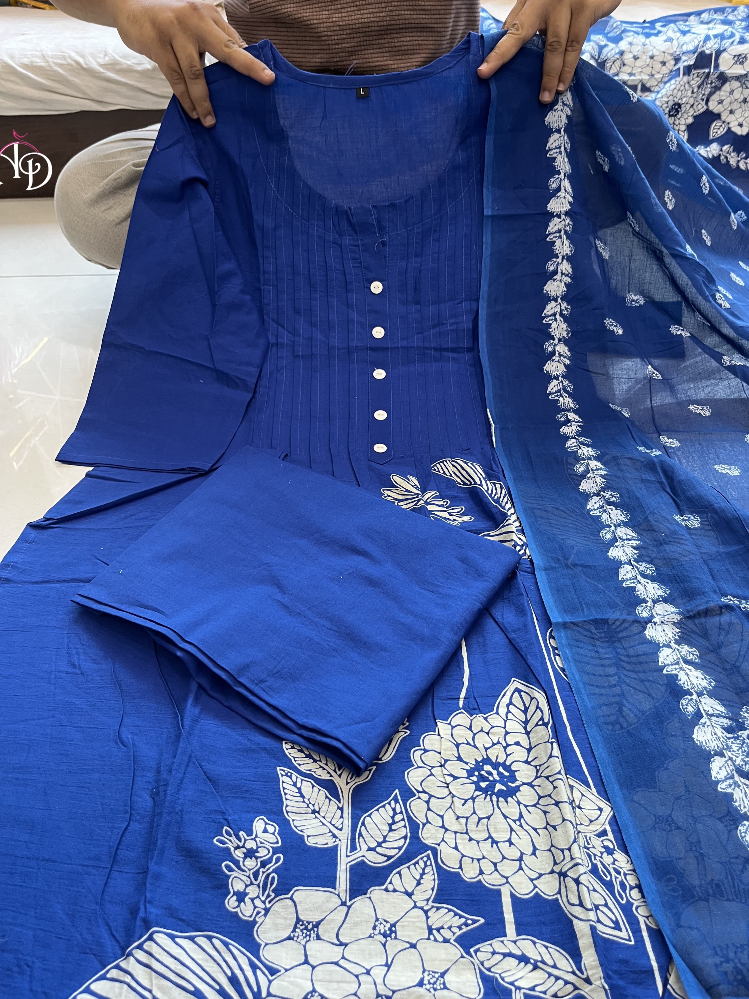 Women Ethnic Cotton Blue Kurta Pant and Dupatta set