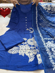 Women Ethnic Cotton Blue Kurta Pant and Dupatta set