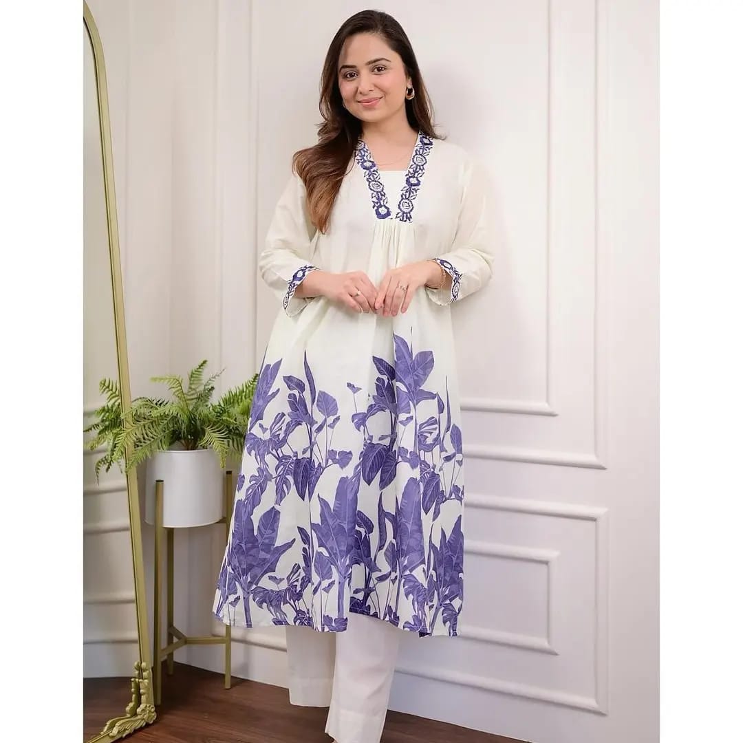 Women Cotton White Kurta Pant set