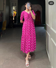 Women Cotton Pink Polka Middi Gown