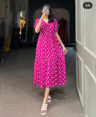 Women Cotton Pink Polka Middi Gown