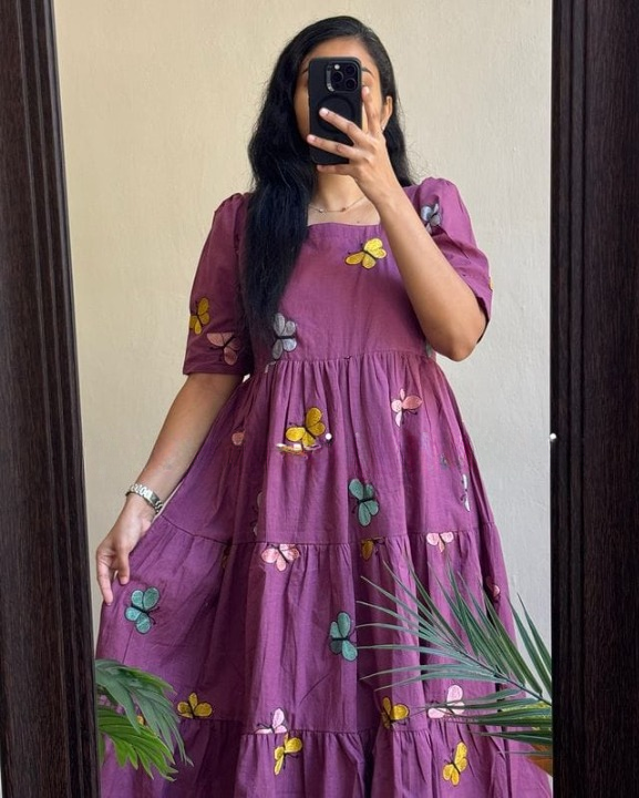 Women Cotton Emroidery Purple Middi Gown