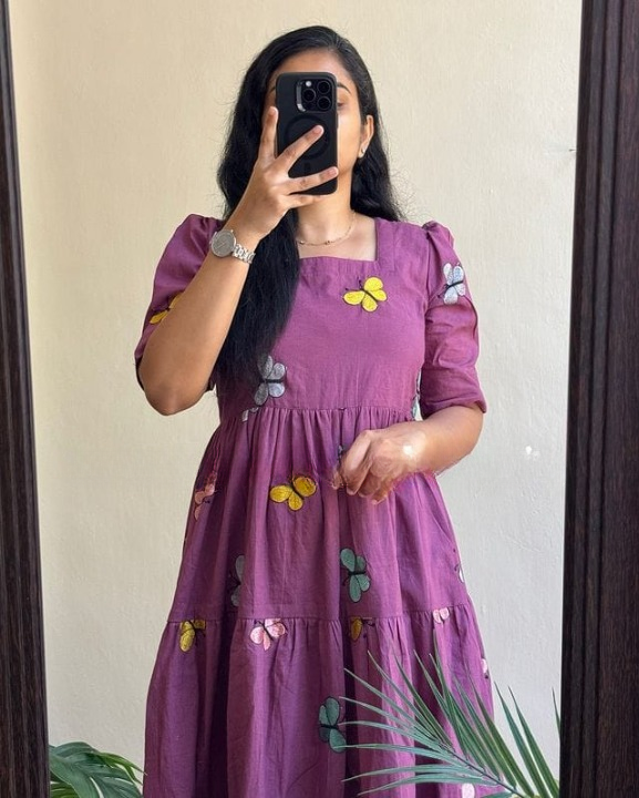 Women Cotton Emroidery Purple Middi Gown