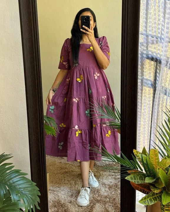 Women Cotton Emroidery Purple Middi Gown