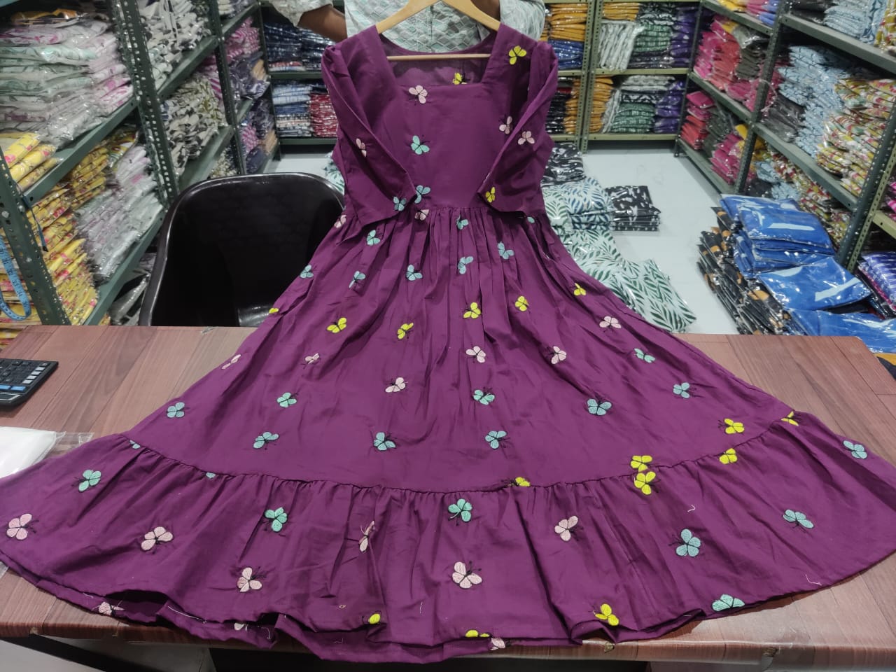 Women Cotton Emroidery Purple Middi Gown