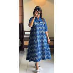 Women Blue Wave Cotton Middi Gown