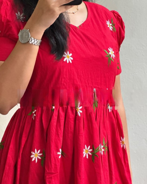 Women Red Cotton Embroidery Middi Gown