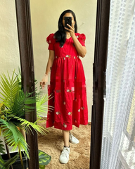 Women Red Cotton Embroidery Middi Gown