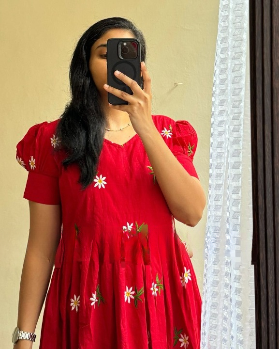 Women Red Cotton Embroidery Middi Gown