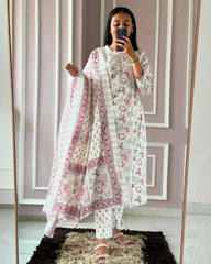 Women Fine Cotton White Multicolor Kurta Pant and Dupatta set