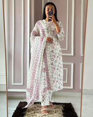 Women Fine Cotton White Multicolor Kurta Pant and Dupatta set