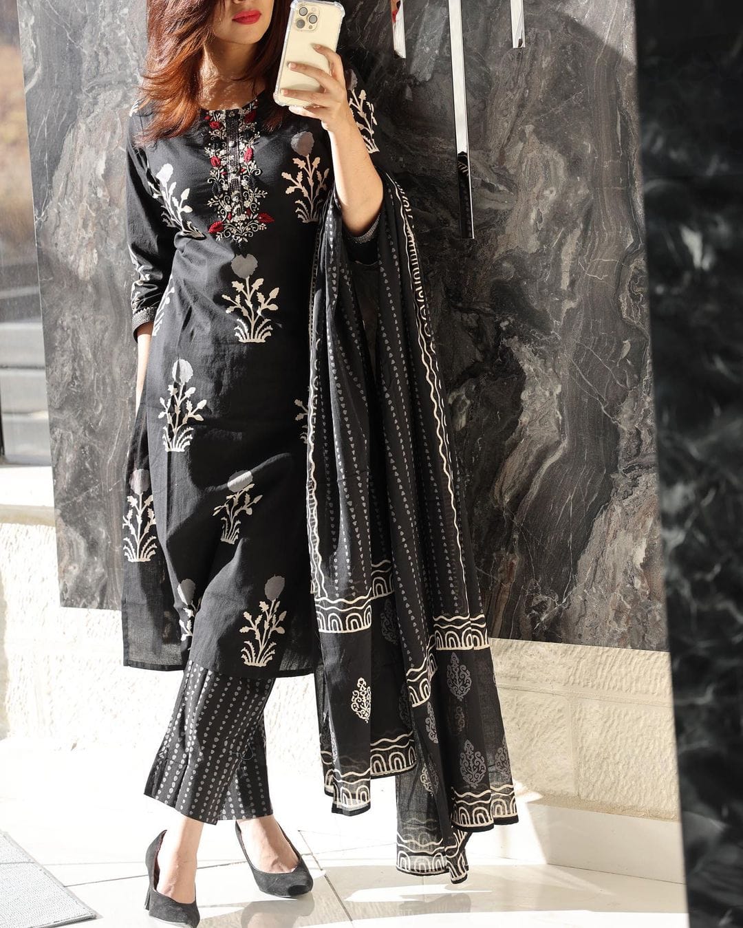 Women Cotton Black Beauty Kurta Pant and Dupatta set