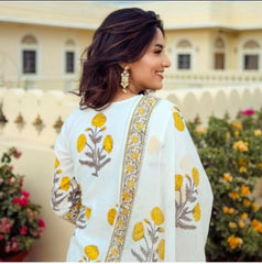 Women Cotton White Kurta Sharara and Dupatta set