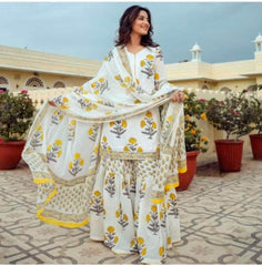 Women Cotton White Kurta Sharara and Dupatta set