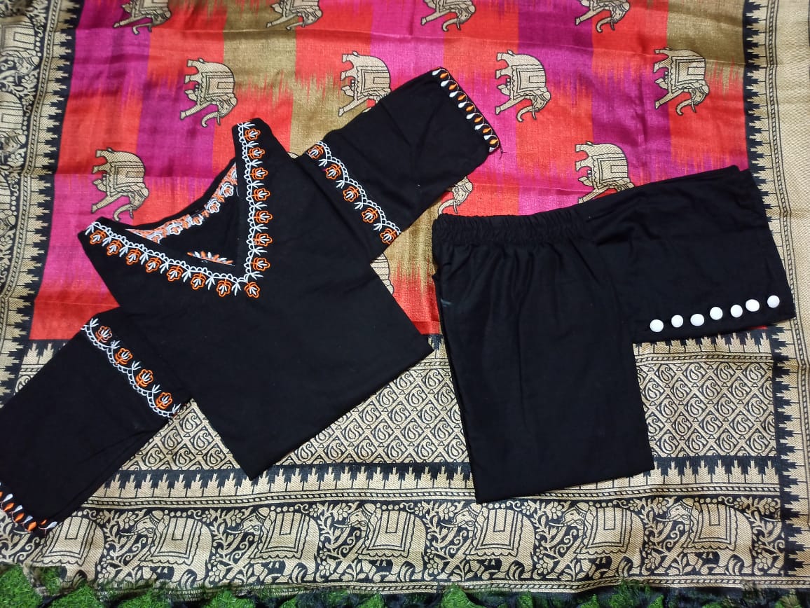 Women Handloom Cotton Black Kurta Pant and Dupatta set