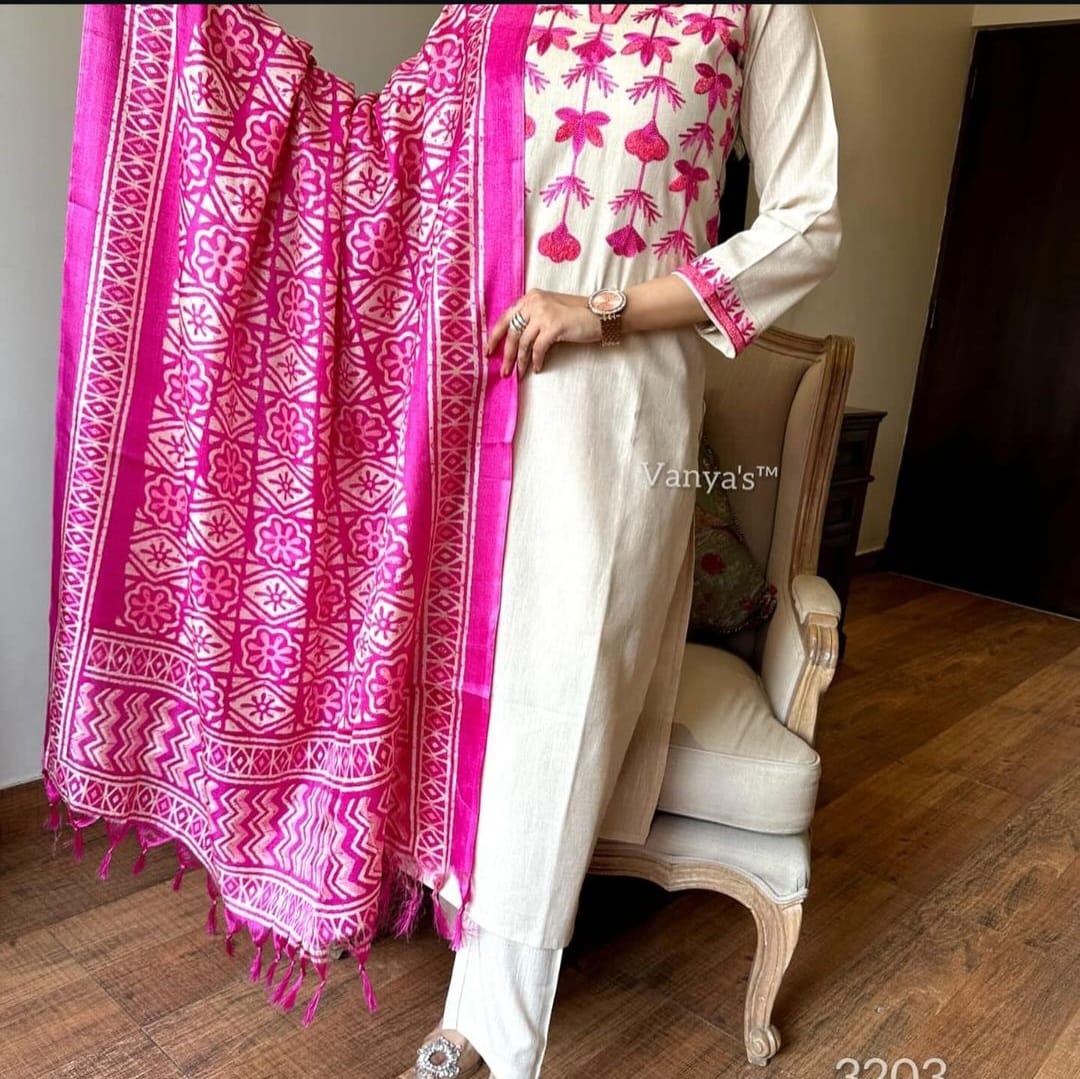 Women Aari work Handloom Cotton Off-White Kurta Pant and Dupatta set