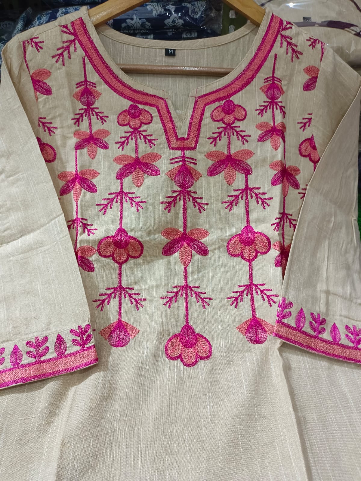 Women Aari work Handloom Cotton Off-White Kurta Pant and Dupatta set