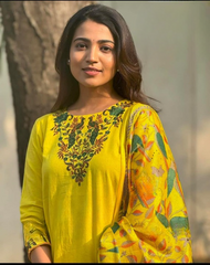 Women Cotton Yellow Kurta Pant and Madhubani Silk Dupatta set