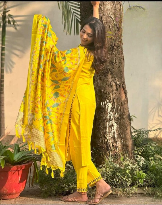 Women Cotton Slub Yellow Kurta Pant and Madhubani Print Dupatta set