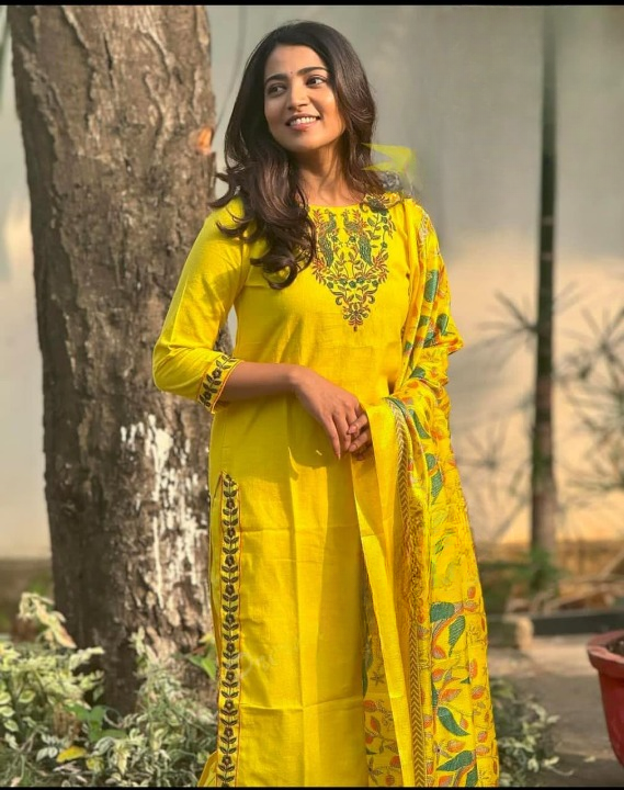 Women Cotton Yellow Kurta Pant and Madhubani Silk Dupatta set