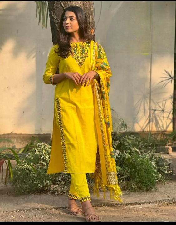 Women Cotton Yellow Kurta Pant and Madhubani Silk Dupatta set