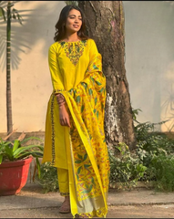 Women Cotton Yellow Kurta Pant and Madhubani Silk Dupatta set