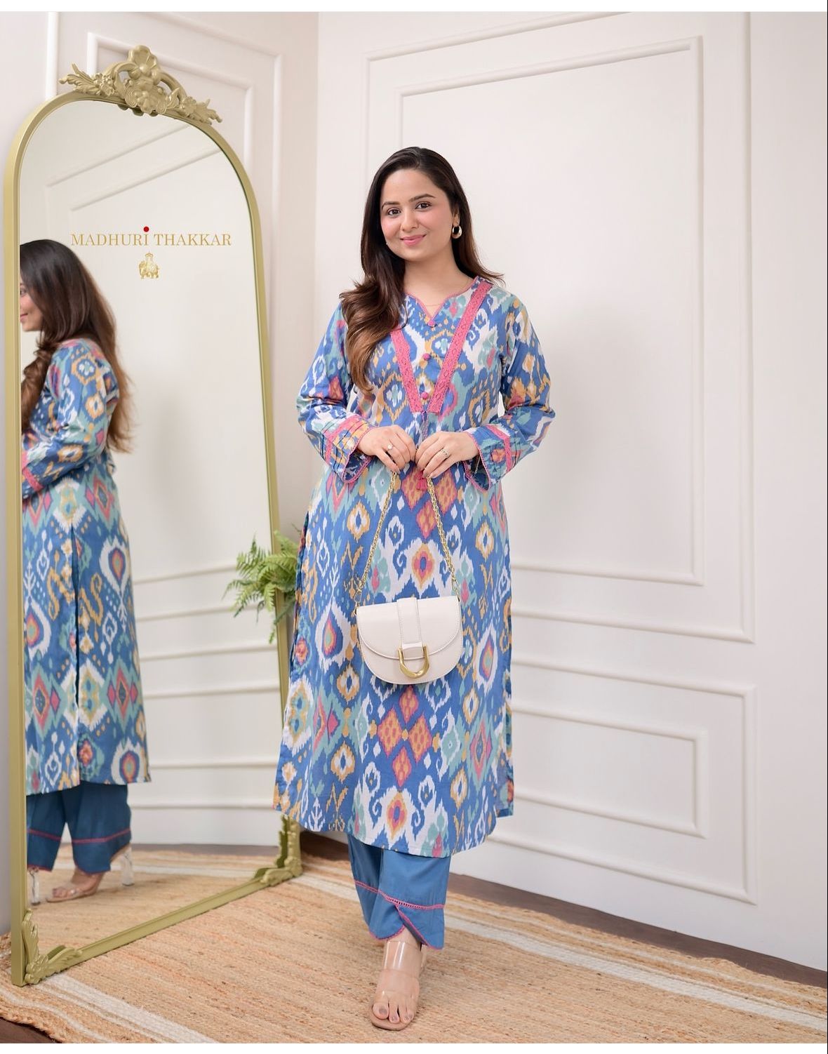 Women Blue Pure Cotton  Kurta Pant Set