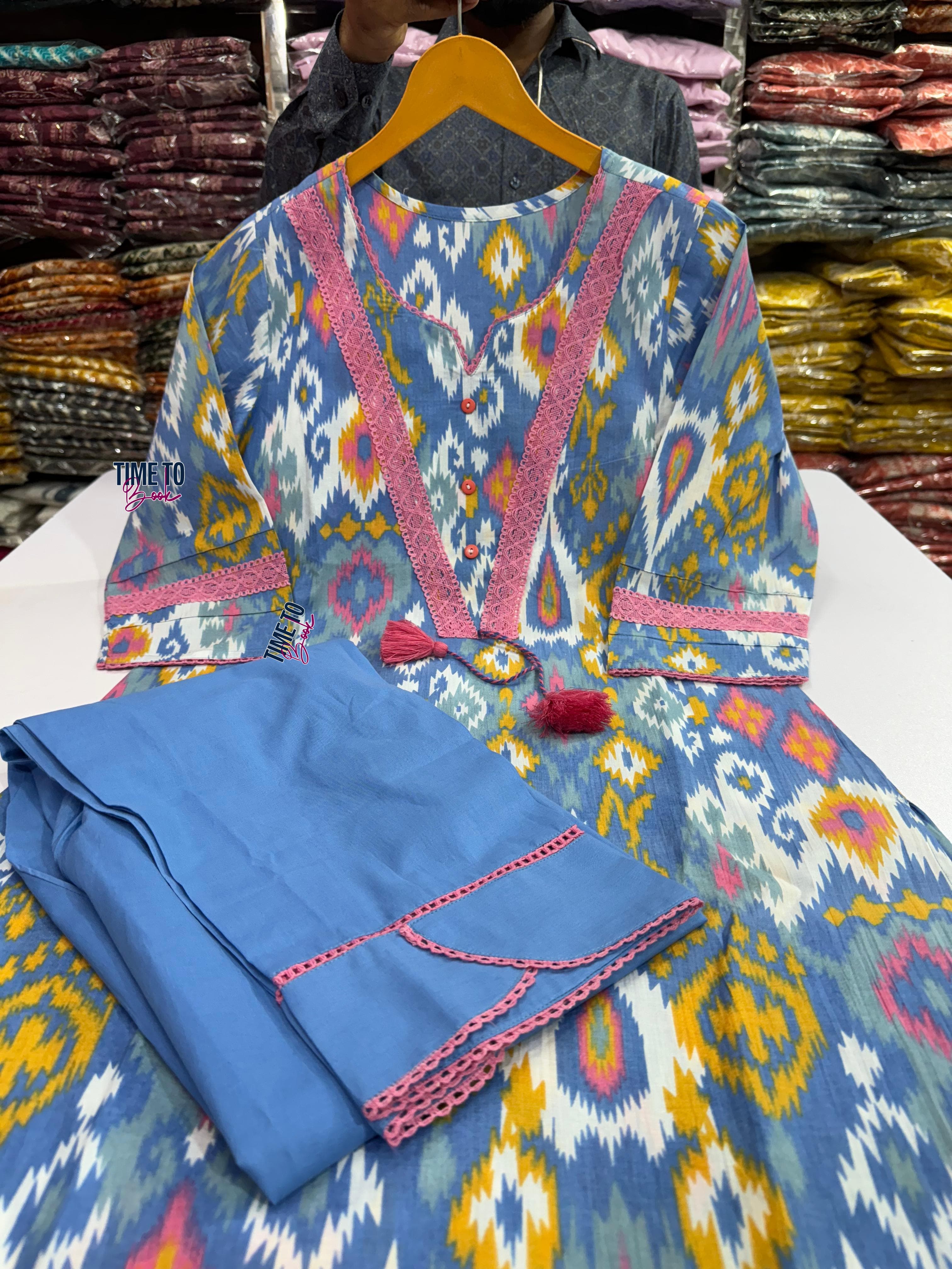 Women Blue Pure Cotton  Kurta Pant Set