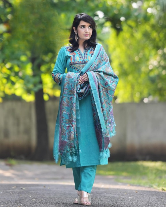 Women Blue Embroidery Cotton Kurta Pant and Dupatta set