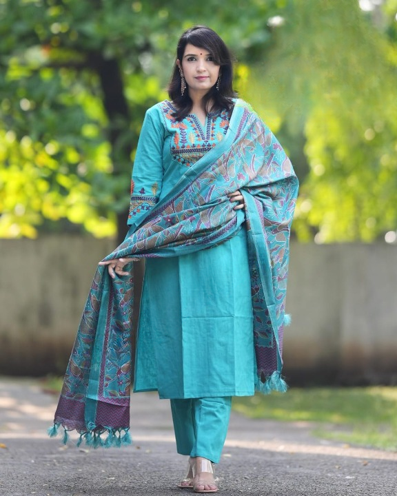 Women Blue Embroidery Cotton Kurta Pant and Dupatta set