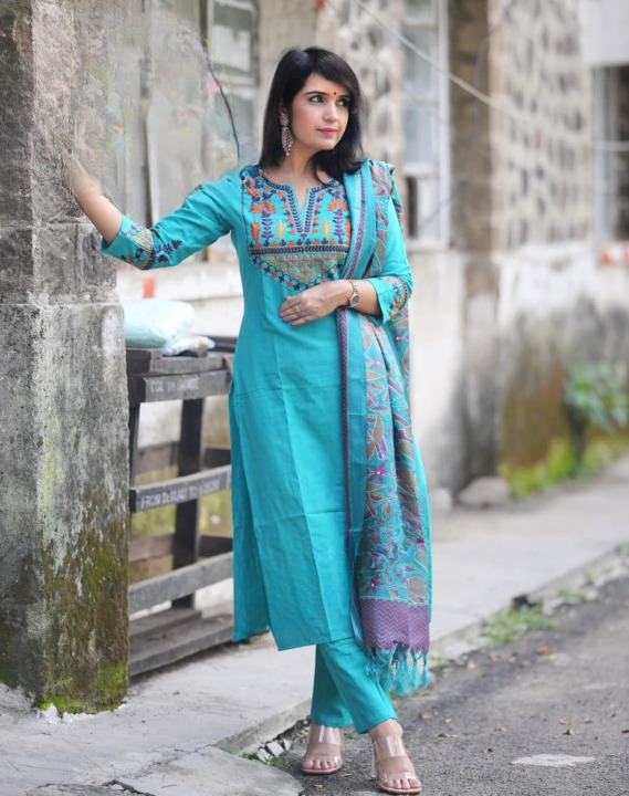 Women Blue Embroidery Cotton Kurta Pant and Dupatta set