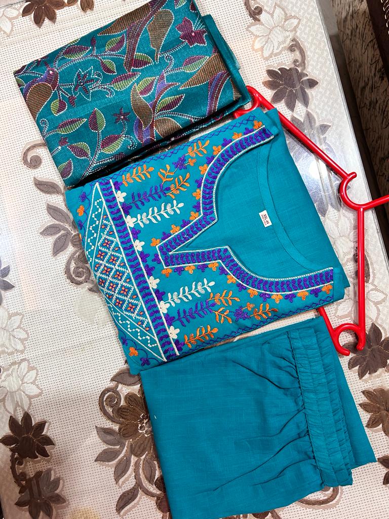 Women Blue Embroidery Cotton Kurta Pant and Dupatta set