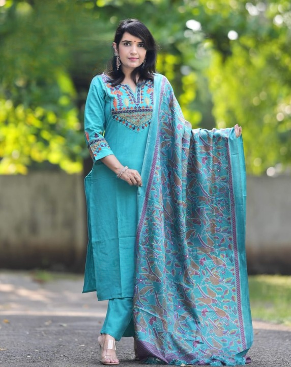 Women Blue Embroidery Cotton Kurta Pant and Dupatta set