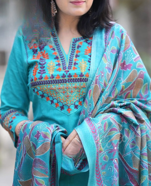 Women Blue Embroidery Cotton Kurta Pant and Dupatta set