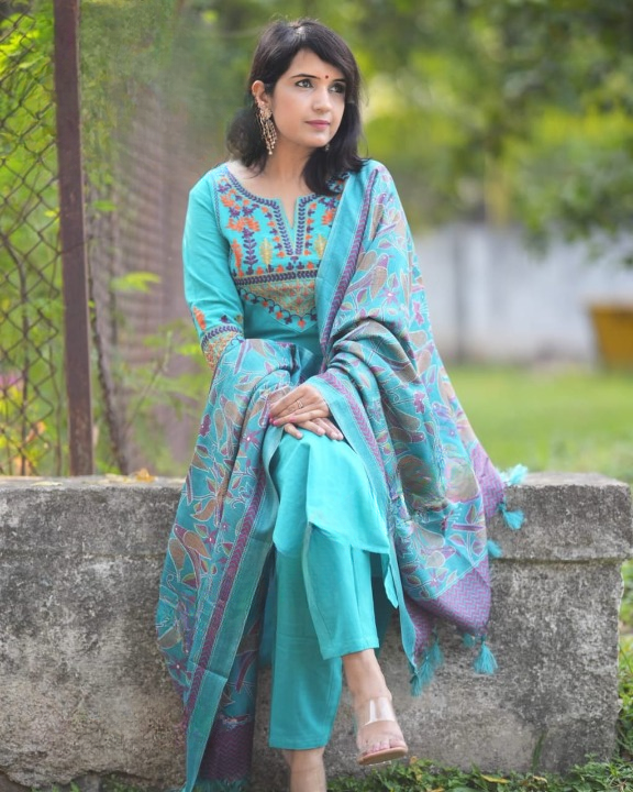 Women Blue Embroidery Cotton Kurta Pant and Dupatta set