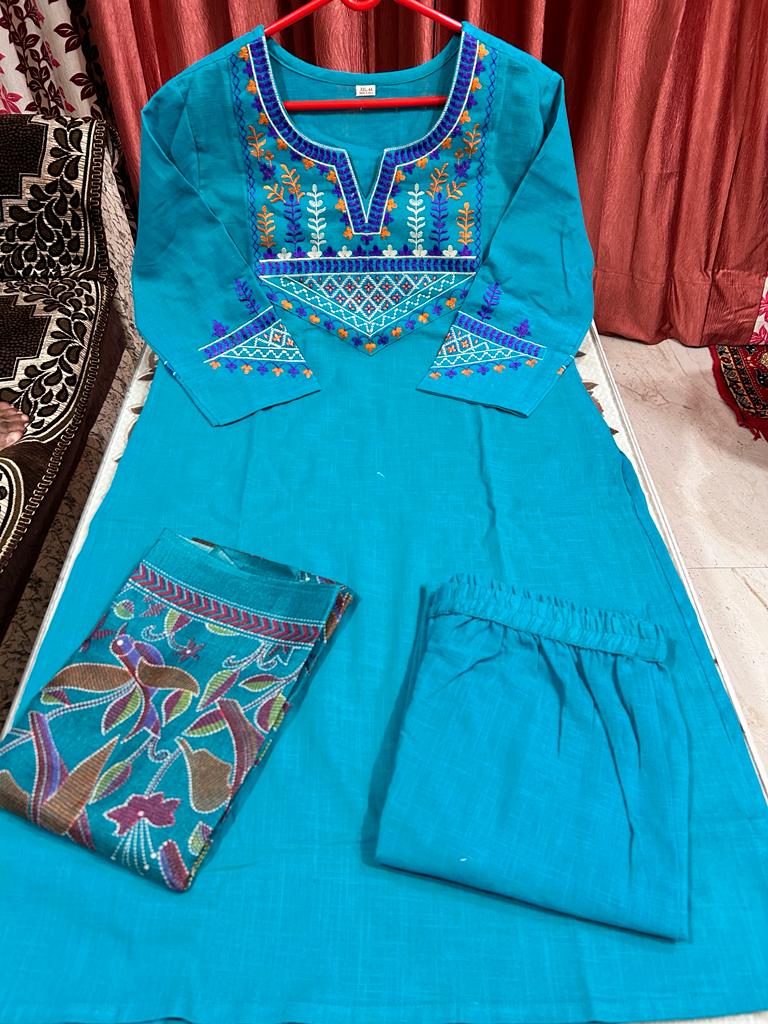 Women Blue Embroidery Cotton Kurta Pant and Dupatta set