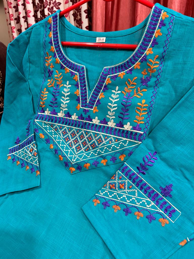 Women Blue Embroidery Cotton Kurta Pant and Dupatta set